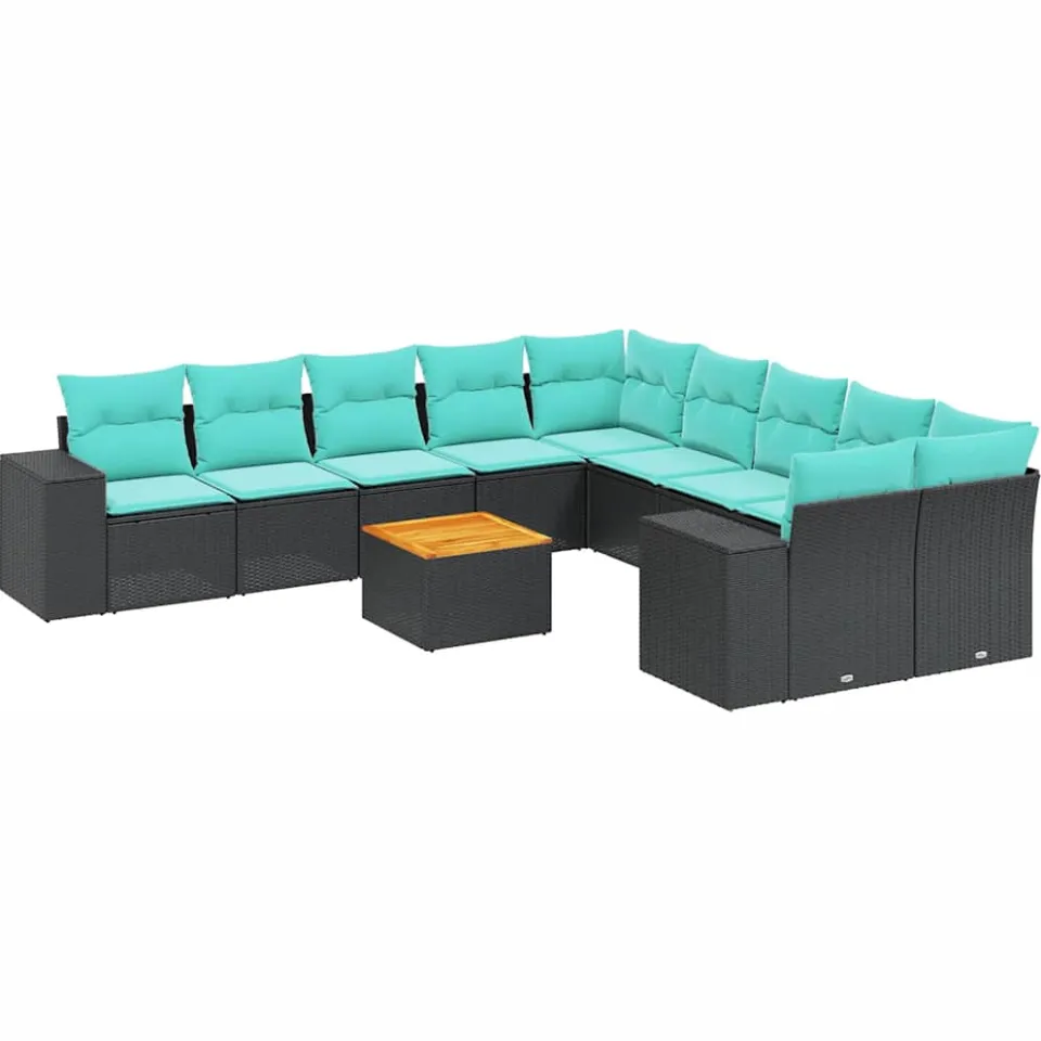 vidaXL 11-delige tuinbankset met kussens, zwart polyrotan