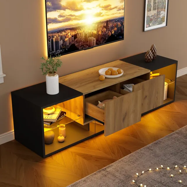 HAUSS SPOLE TV-Meubel - 3-Lagen Met Dimbare LED En 2 Lades - Ruime Opbergruimte Met Glasplank Voor Decoratie - Spanplaat - 160x40x42 cm - Zwart/Naturel