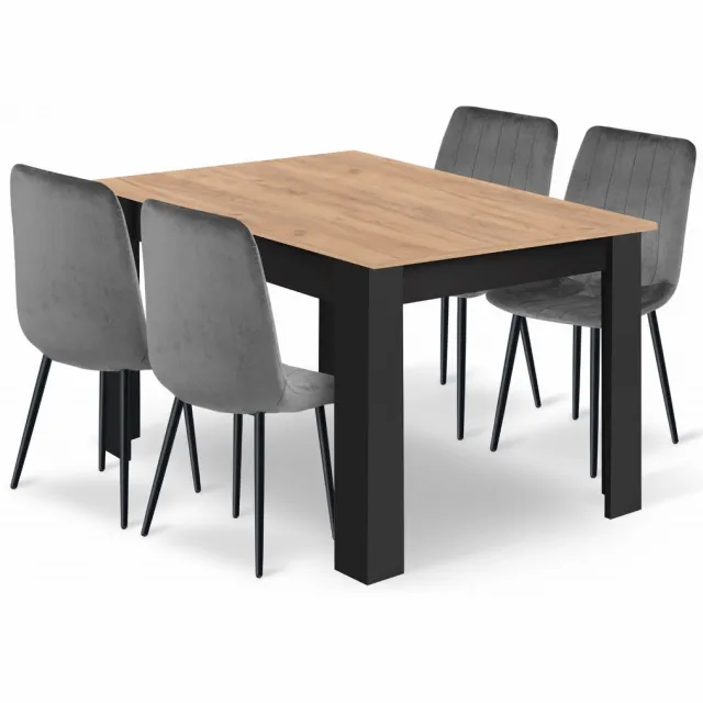 LEOBERT Eethoek - Eettafelset - NP 120x80 Craft met Zwarte Poten + 4 Stoelen LAVA Grijs met Zwarte Poten, Modern Design, Geschikt voor Keuken, Eetkamer en Woonkamer zwart / grijs / eiken