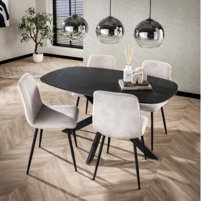 Meubelplaats Eettafel Marquina Deens ovaal melamine 150x90 cm - marmerlook 3D Naturel