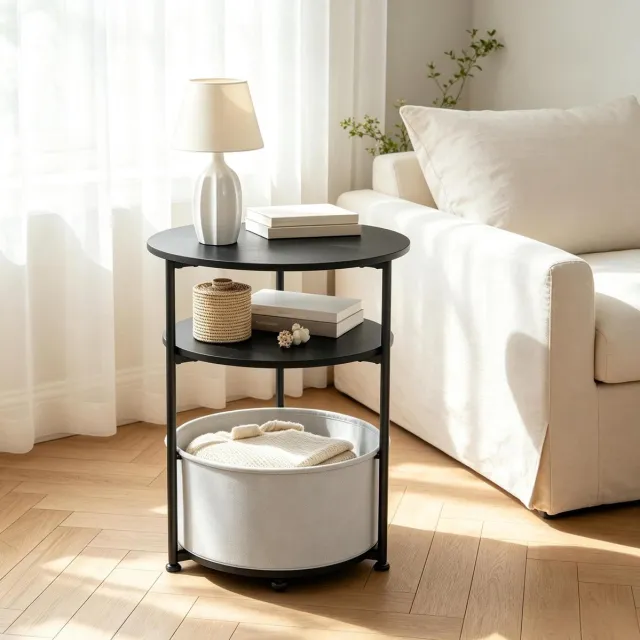 MIVRAY Ronde Bijzettafel Met Opbergruimte Modern Met Metalen Frame Voor Woonkamer En Slaapkamer Stijlvol Zwart 43 X 43 X 56 Cm