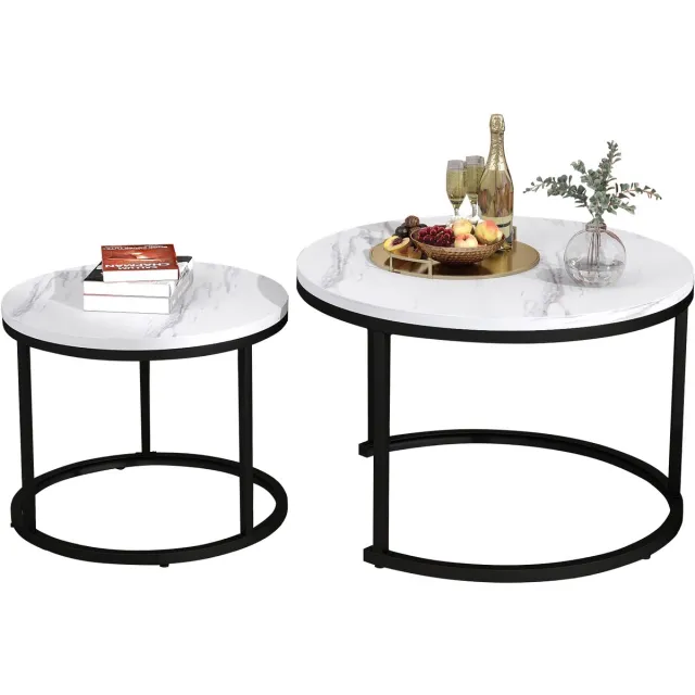 YYchan Salontafel - Ronde Koffietafels Set van 2 - Nesting Tables - Houtlook - 60 & 40 cm - Zwart