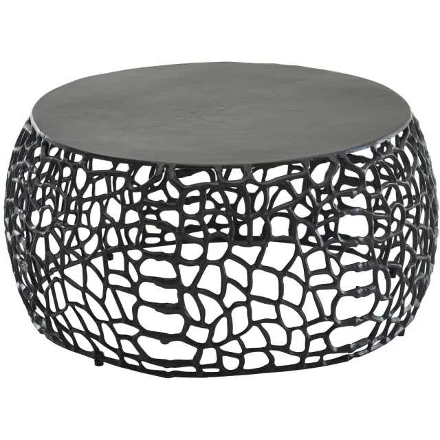 Cosmo Casa Ronde Salontafel – Opengewerkt Takkenpatroon – Handgemaakt – Zwart - Aluminium – Ø 66 x 30 cm