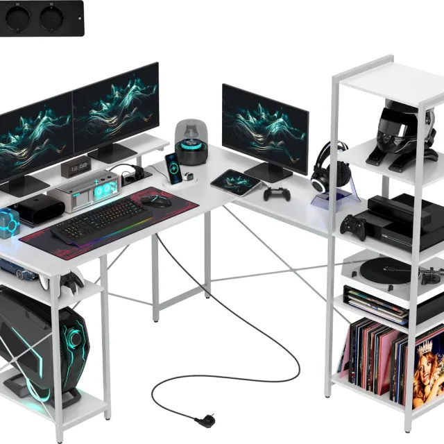 Ropilly Wit L-vormig Bureau - Hoekbureau met Oplaadstation en Monitorstandaard - Computertafel met Opbergruimte - Wit