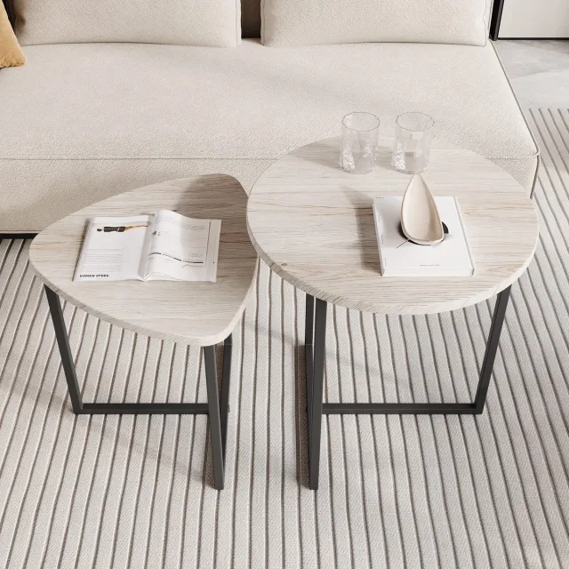 STILVORA Bijzettafel Set - Hartvormig Design En Ruimtebesparend - Voor Woonkamer En Slaapkamer - Metaal Hout - Eiken Wit