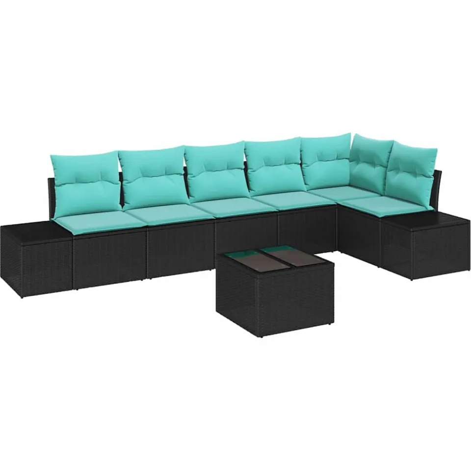 vidaXL Tuinbankenset met opslag Zwart en Turquoise poly rattan