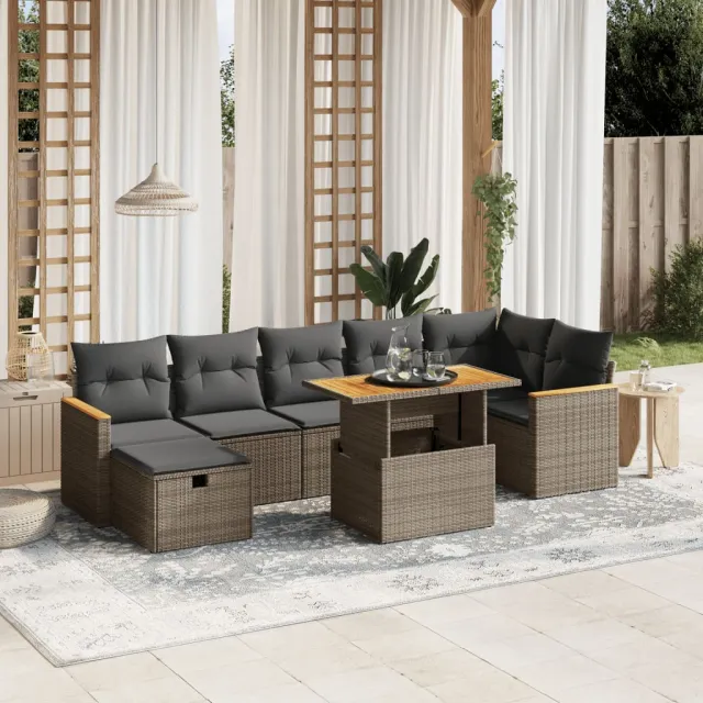 vidaXL 8-delige Loungeset met kussens poly rattan grijs, foto 2