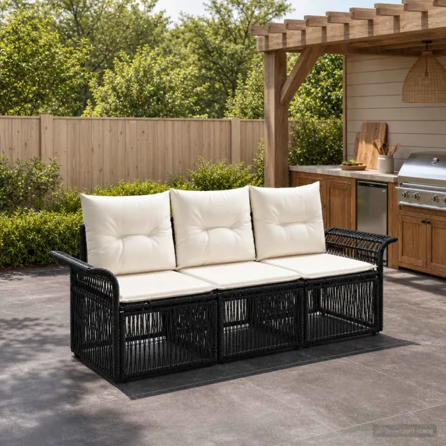 vidaXL Tuinbankenset 3 st 3-zits Zwart poly rattan, foto 2