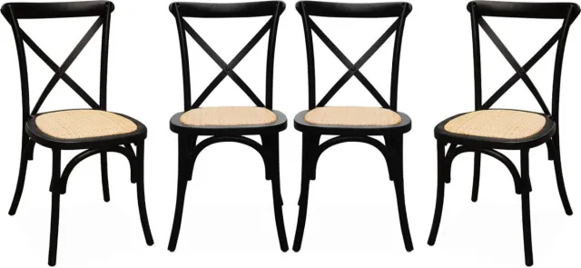 sweeek Set van 4 vintage rubberhouten bistrostoelen, zitting van rotan, stapelbaar - belleville zwart