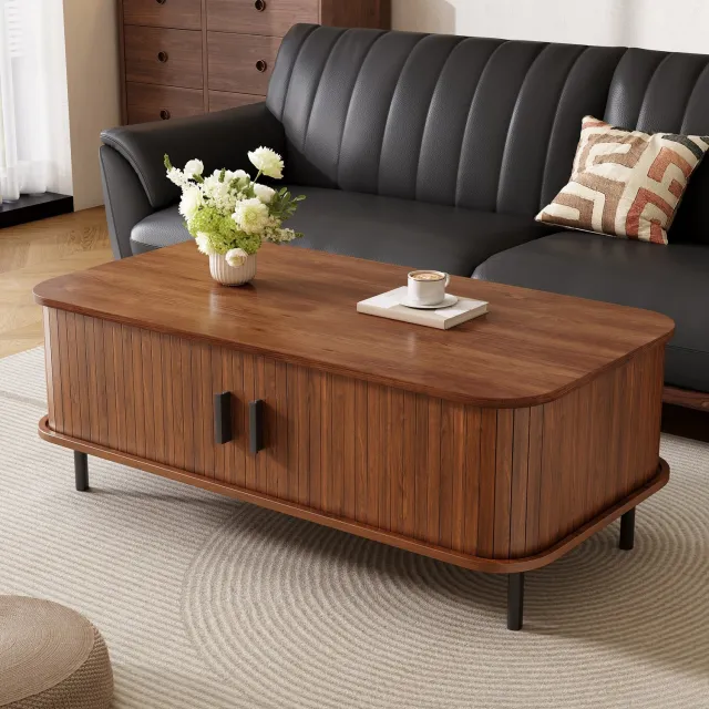 CHICFURN Salontafel 100 cm - Schuifdeuren - Opbergruimte - 2 deuren - Woonkamer - MDF en spaanplaat - Walnoot