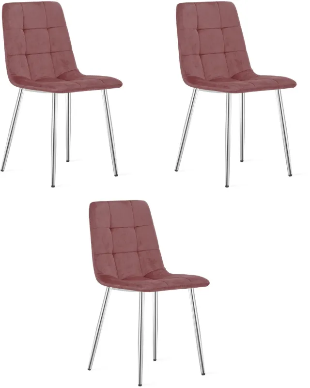 LEOBERT KARA Eetkamerstoelen – Set van 3 – Roze Velvet – Metalen Poten – Comfortabele Ergonomische Zitting – Modern Design – Velvet Stoel voor Woonkamer, Keuken en Eetkamer – Max. 110 kg per Stoel