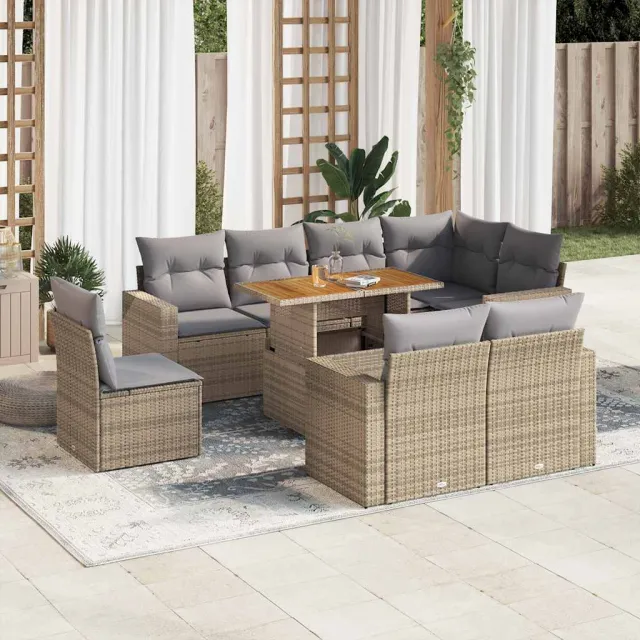 vidaXL 9-delige Loungeset met kussens poly rattan beige, foto 2