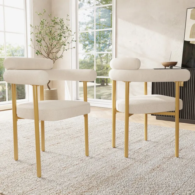 Welltin Eetkamerstoelen Set van 2 - Moderne eetkamerstoel - Beige -Comfortabele stoel - Ronde zitting stoel - Stoel voor eetkamer woonkamer kantoor - Luxe stoel - Gestoffeerde stoel - Gouden stoelpoten - Keukenstoel - Moderne designstoel