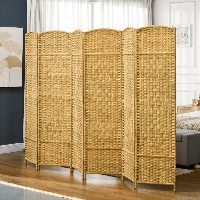 OKWISH Kamerscherm Opvouwbaar – 270 Bij 180 cm – Hout En Kunststof – Natuurlijke Houtkleur – 6-Delig Privacy Met Geweven Patroon Voor Woonkamer