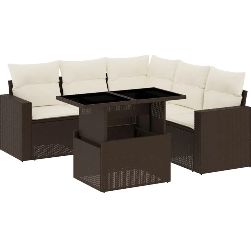 vidaXL 6-delige Loungeset met kussens poly rattan bruin
