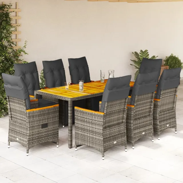 vidaXL 9-delige Bistroset met kussens poly rattan grijs, foto 2