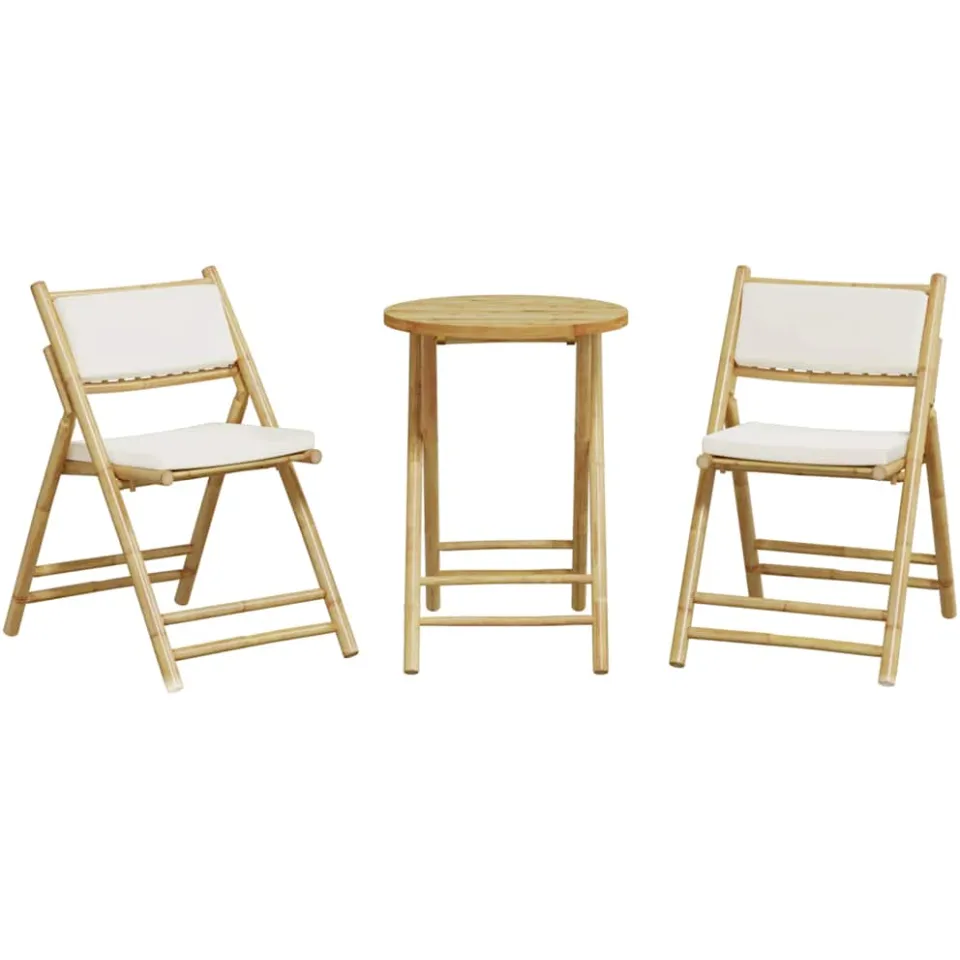 vidaXL 3-delige Bistroset inklapbaar met kussens bamboe crèmewit, foto 4