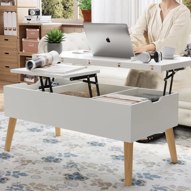 VOWNER in hoogte verstelbare salontafel, 3-in-1 multifunctionele woonkamertafel met verborgen opbergruimte, om te vormen tot salontafel en eettafel, met houten poten (witte houtnerf)