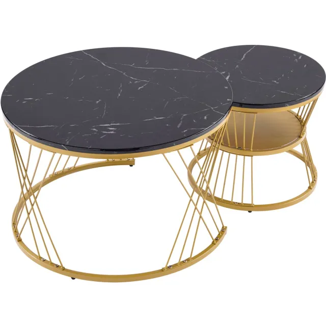MUVANO Ronde Salontafel Set Van 2 - Zwarte Marmerlook Hoogglans - Nesting Tafels Met Gouden Frame - Ruimtebesparend - 70x70x45 cm - Woonkamer Zwart