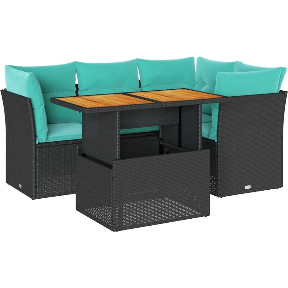 vidaXL 5-delige Loungeset met kussens poly rattan zwart, foto 3