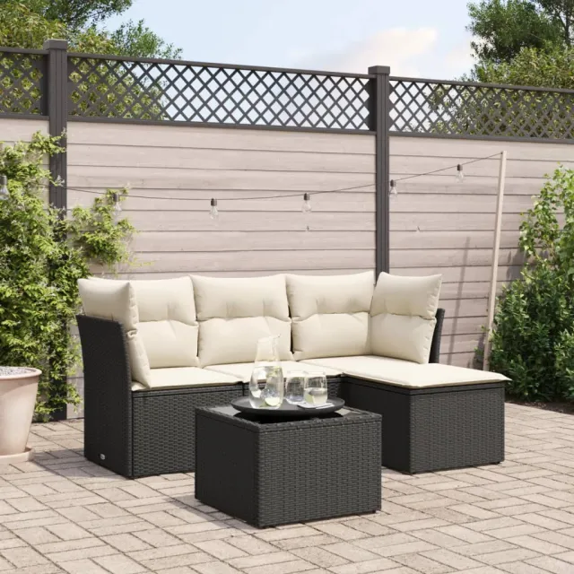 vidaXL 5-delige Loungeset met kussens poly rattan zwart, foto 2