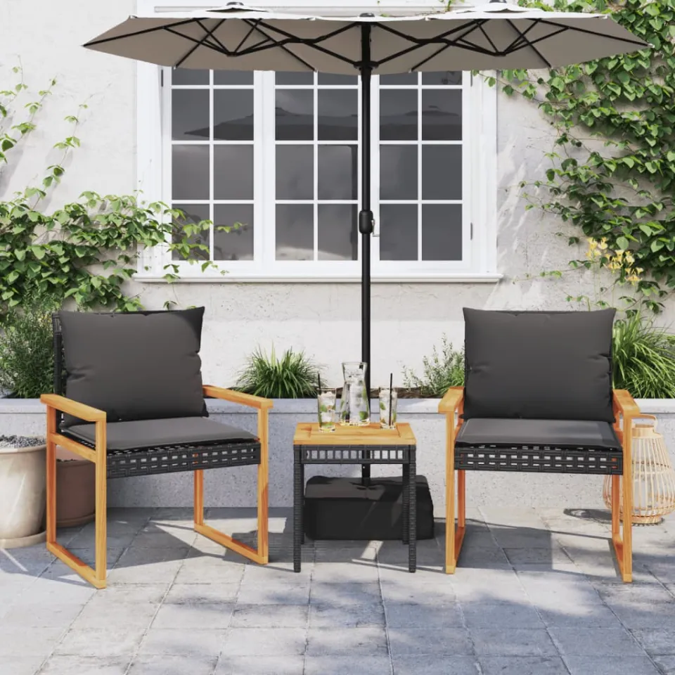 vidaXL 3-delige Bistroset met kussens poly rattan en acaciahout zwart, foto 2