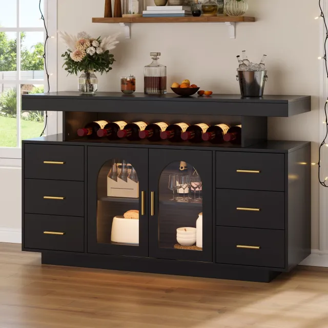 STILVORA Wijnkast - Ledverlichting Met 6 Lades En 2 Glazen Deuren - Voor Keuken En Eetkamer - MDF - 140 x 40 x 82 cm - Zwart