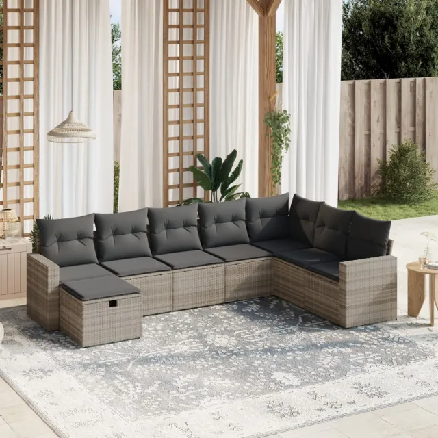 vidaXL 8-delige Loungeset met kussens poly rattan lichtgrijs grijs, foto 2