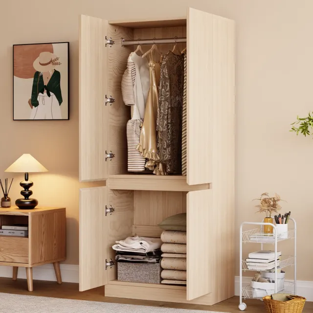 MEUNIQ Kledingkast 70 x 40 x 170 cm met dubbele deuren, hanggedeelte en ruim opbergvak, dichte kast voor slaapkamer, naturel Naturel hout
