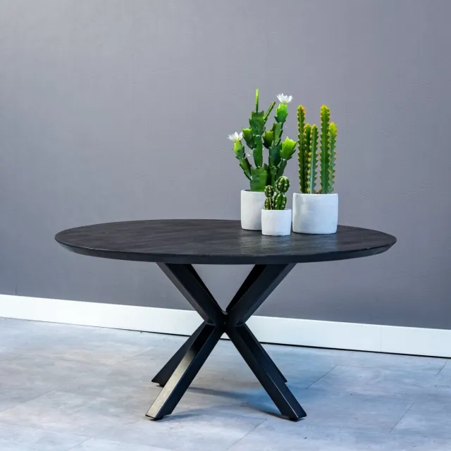 Mahom Mangohouten Salontafel Vicenza Black 90 cm Mahom Industrieel - Kleine tafel van Mangohout & Metaal - Industriële Huiskamertafel Bruin