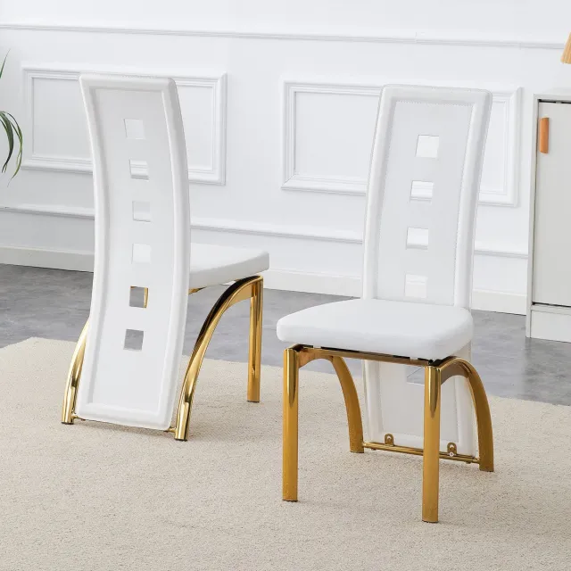 Clruro Eetkamerstoel Set - 102,5 cm - Opengewerkt Design - PU-Leer + Metaal - Wit Mat/Goud Glans Wit+Goud