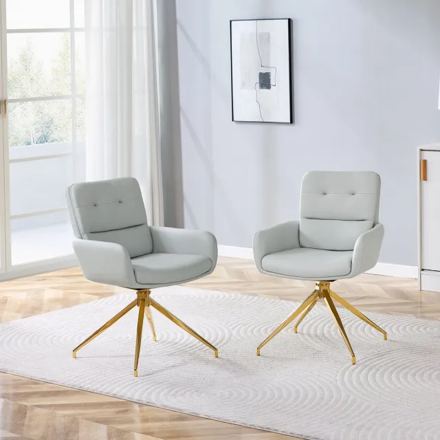COVREO Eetkamerstoel set van 2 85 cm - draaibaar, warmgrijs kunstleer, goudkleurig metaal Lichtgrijs
