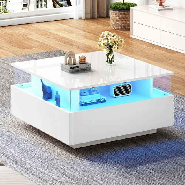 HAUSS SPOLE Salontafels - Vierkante Hoogglans Salontafel Met LED - 2 Lades En Transparant Presentatievak - 70x70x41 cm - Hout - Wit
