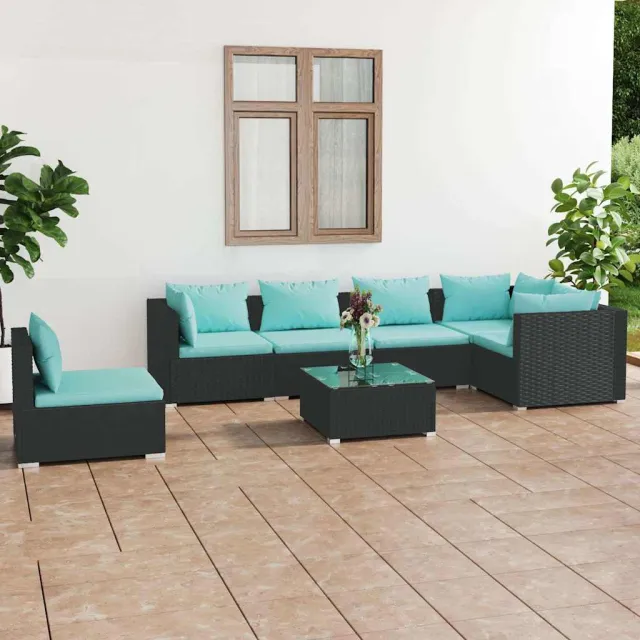 vidaXL 7-delige Loungeset met kussens poly rattan zwart, foto 2