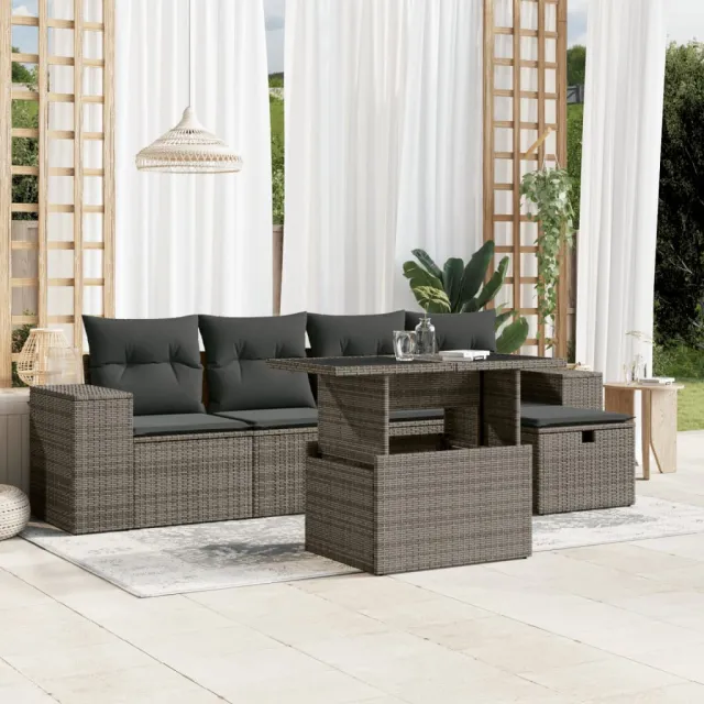 vidaXL 6-delige Loungeset met kussens poly rattan grijs, foto 2