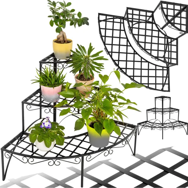 Tectake Plantentrap - Plantenmeubel - Planttrap met 3 treden hoekmodel - Metalen plantenrek - 60x60x60cm zwart
