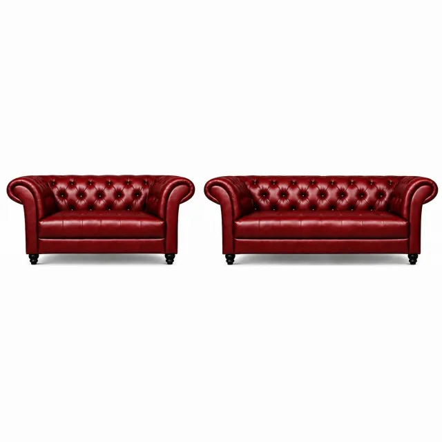 Meubeldistrict Chesterfield Banken Set 2 & 3 Zits - Curve Armleuningen - Rood - Chesterfield - Sofa - Bankstel