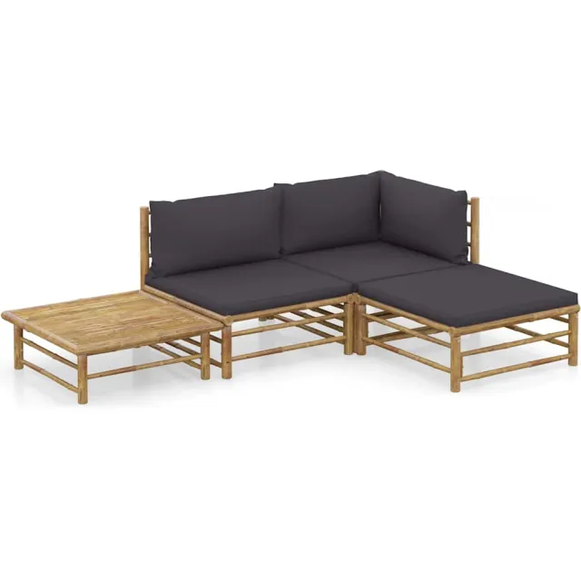 vidaXL 4-delige Loungeset met donkergrijze kussens bamboe Grijs