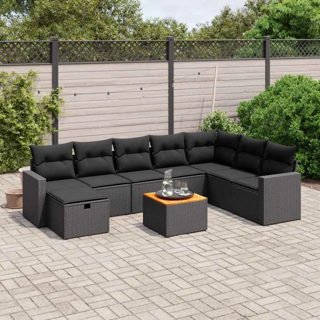 vidaXL 9-delige Loungeset met kussens poly rattan zwart, foto 2