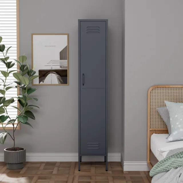 Lendo Online Lockerkast - Kledingkast - Kast met hanggedeelte - Opbergkast - Industriële kast met verstelbare planken - Archiefkast - Kantoorkast - Kluisje - 35x50x180 cm (LxBxH) - Gepoedercoat staal - Metaal - Antraciet