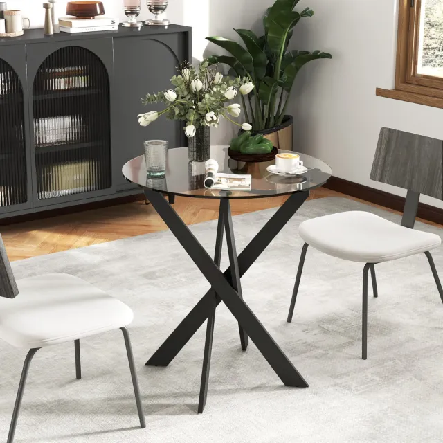 DESMIU Eettafel - Ronde Tafel Met Gehard Glas En X-vormige Metalen Poten - Voor 4 Personen In Keuken En Eetkamer - Zwart Transparant - 70 x 70 x 75 cm