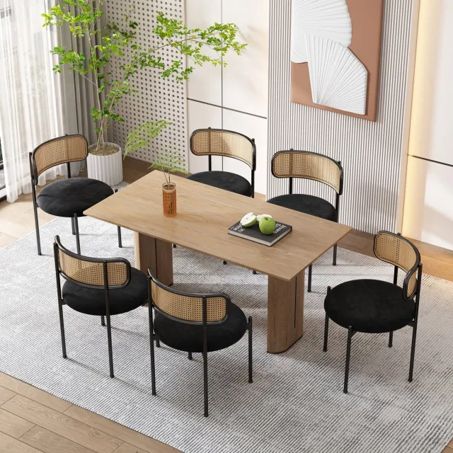 Wishdor Eetkamerstoelenset - Fluwelen Bekleding - Rotan Rugleuning - Gebogen Rugleuning - Zwart - Set Van 6