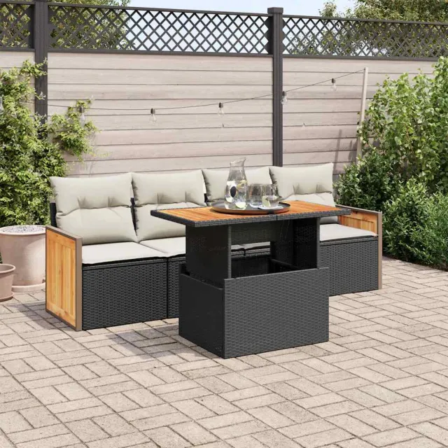 vidaXL 5-delige Loungeset met kussens poly rattan acacia zwart, foto 2