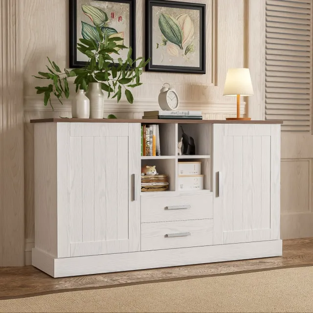 REDOM Dressoir met 2 deuren, 2 laden en 4 open vakken - Soft-close scharnieren - Houtnerf - Woonkamer - Spaanplaat - Bruin, Wit - 140 x 40 x 79,5 cm Bruin, wit, hout