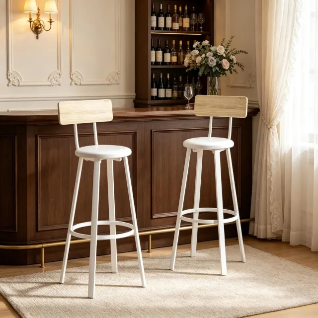 HAUSS SPOLE Barkrukken - Set van 2 - Met Rugleuning en Voetensteun - Voor Keukenbar en Hoge Tafel - Metaal en Spaanplaat - Wit en Eikenkleur