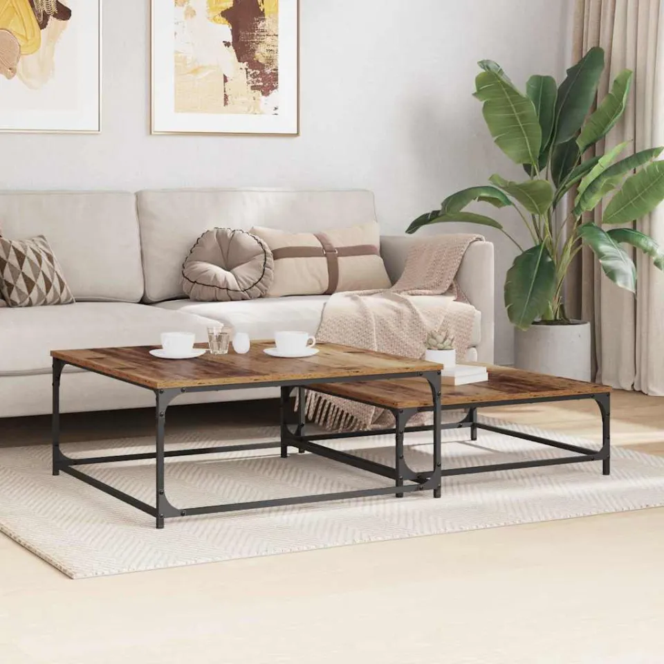 vidaXL Salontafel 2 st Oud Hout 80 x 80 x 35 cm Bewerkt hout bruin, foto 3