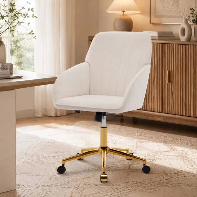 REDOM Bureaustoel - Ergonomische rugleuning - In hoogte verstelbaar en 360° draaibaar - Met vaste armleuningen en wielen - Velvet - Wit - 58 x 60 x 96,5 cm