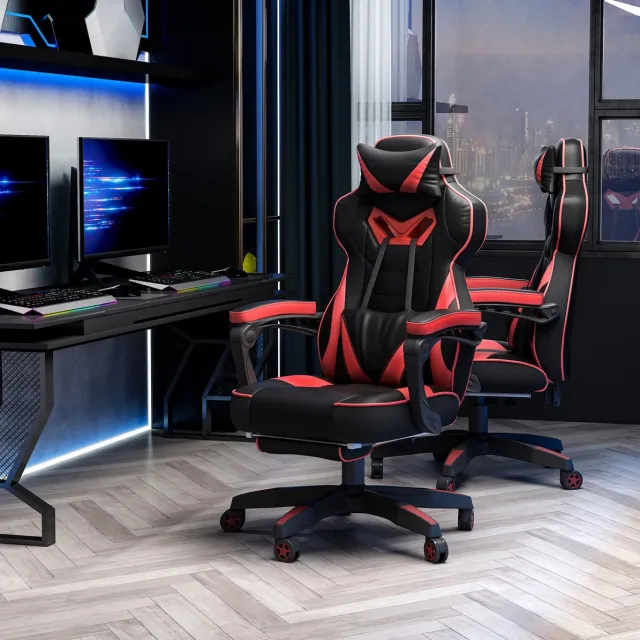 MODFU Gamingstoel - Massagefunctie - 170 Graden Kantelbaar - Kunstleer - Zwart Rood