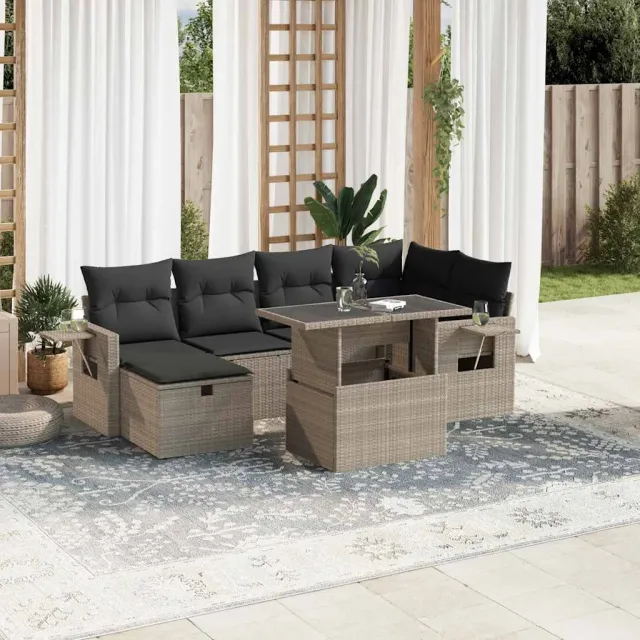 vidaXL 7-delige Loungeset met kussens poly rattan lichtgrijs grijs, foto 2