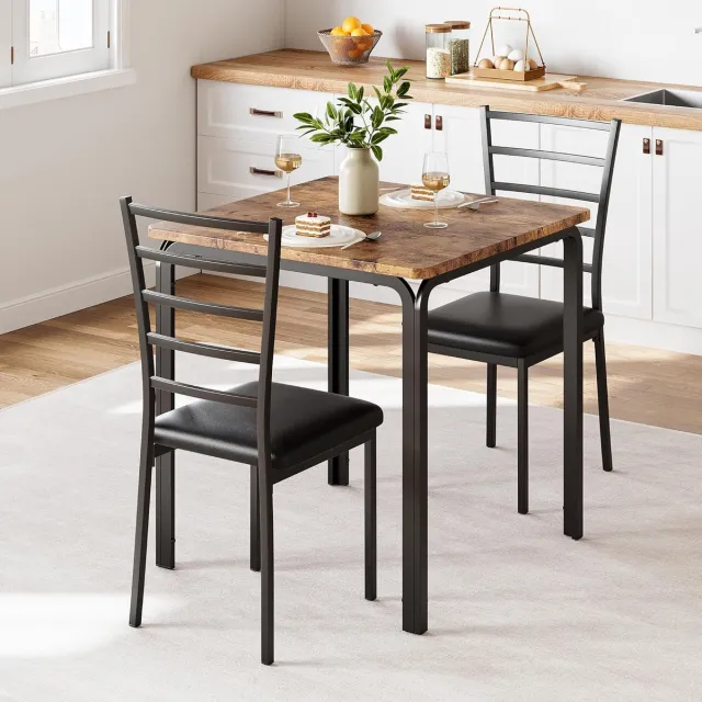 HOERFURIY 3‑delige eettafelset voor 2 personen - vierkante tafel met 2 stoelen - 74 x 74 x 76cm -bruin